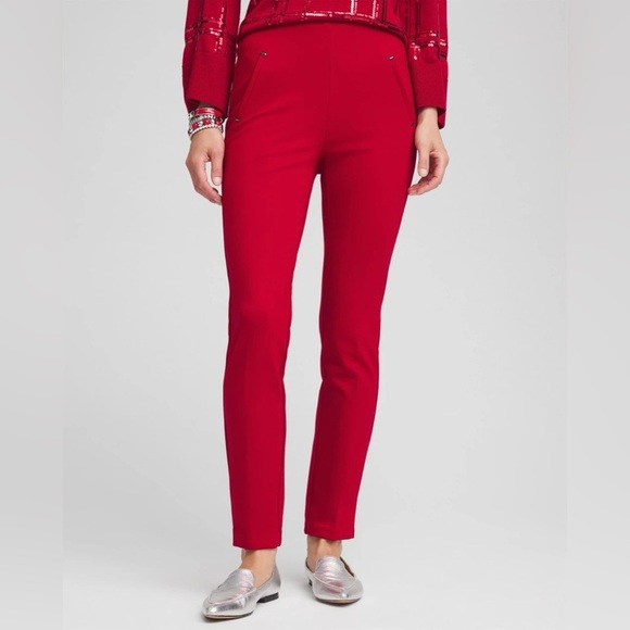 Chicos New Size 3.5R US XL 18 Red Juliet Ponte Trim Detail Slim Ankle Pants - Picture 1 of 10